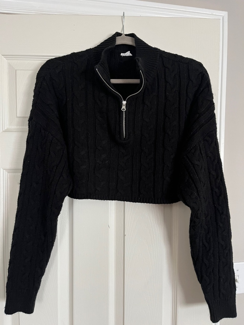 Garage Black Cropped Cable-Knit Half-Zip Turtleneck Sweater